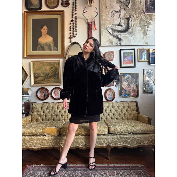 Vintage Black Faux Mink 40s Style Jacket by Outerlayers Ladies Size XL - Picture 6 of 16